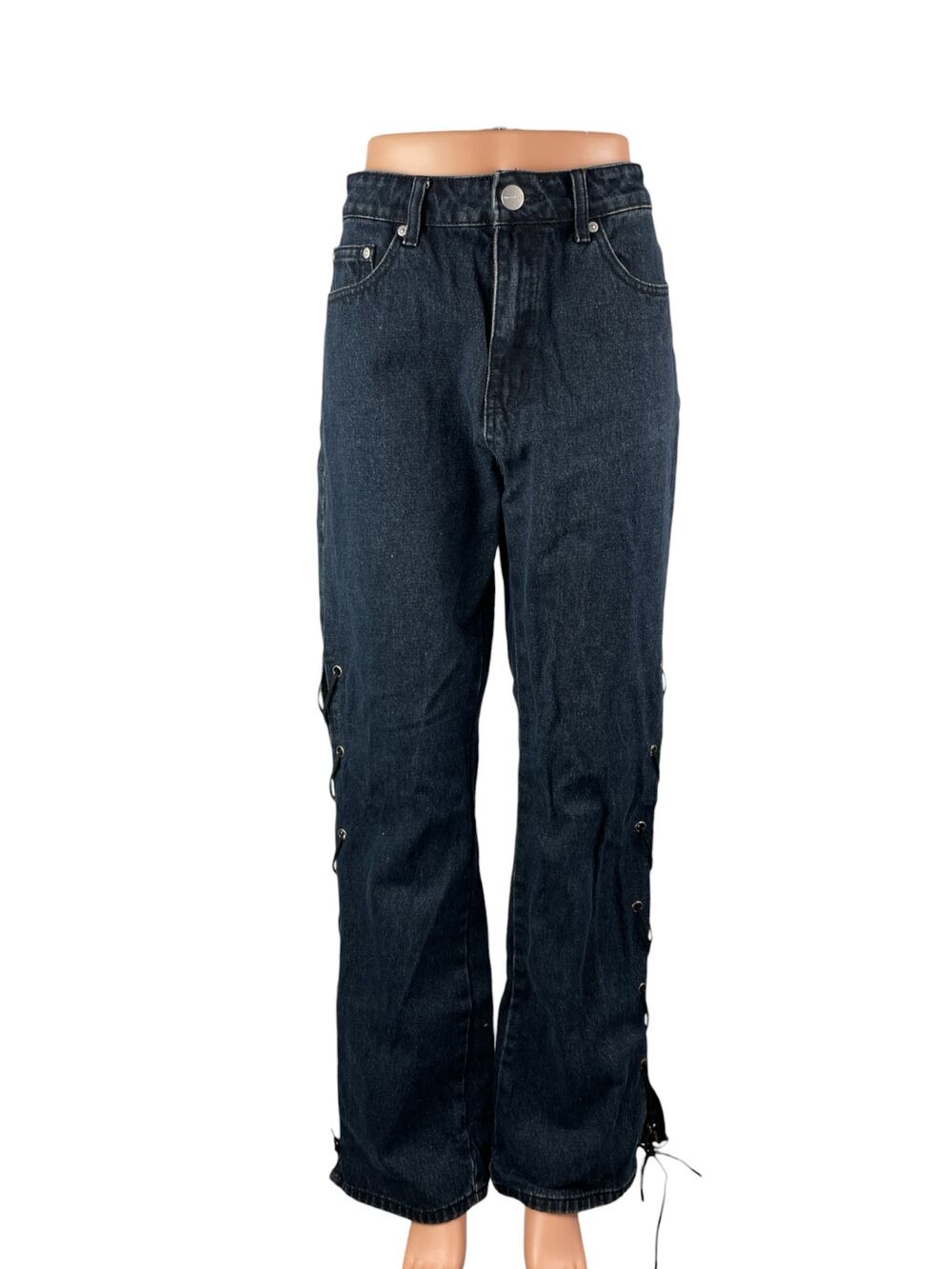 Superdown Womens Blue Dark Wash High Rise Lace Up Wide Leg Denim Jeans Pants 30